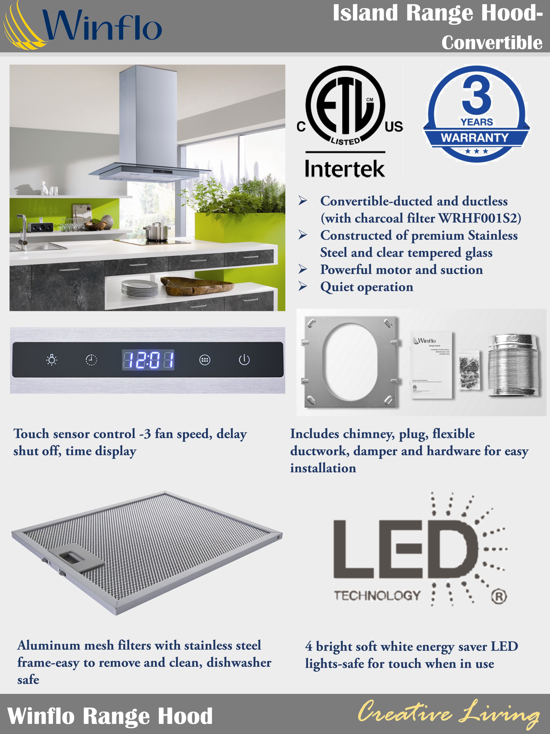 Winflo 30 in. Convertible Island Mount Range Hood in Stainless Steel